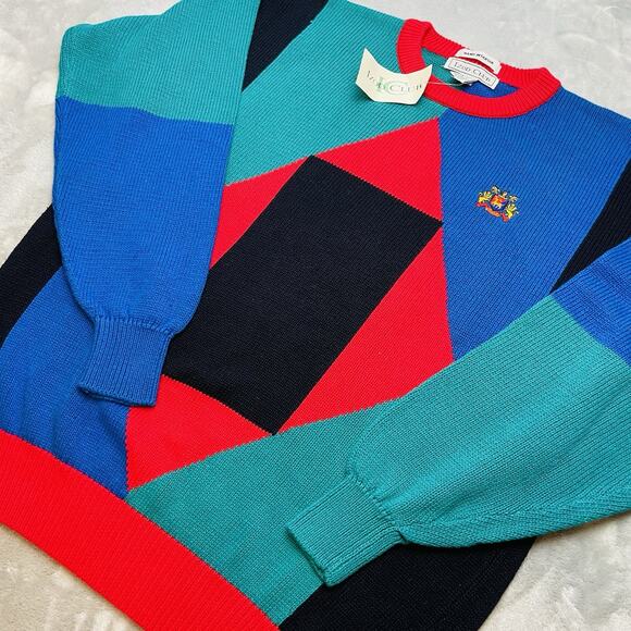 Vtg Izod Club Hand Intarsia Sweater Mens L Colorblock Crest Preppy Grandpa NWT - Picture 1 of 8